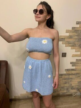 Handmade Crochet Blue Daisy Skirt Set Boho Summer Co-Ord